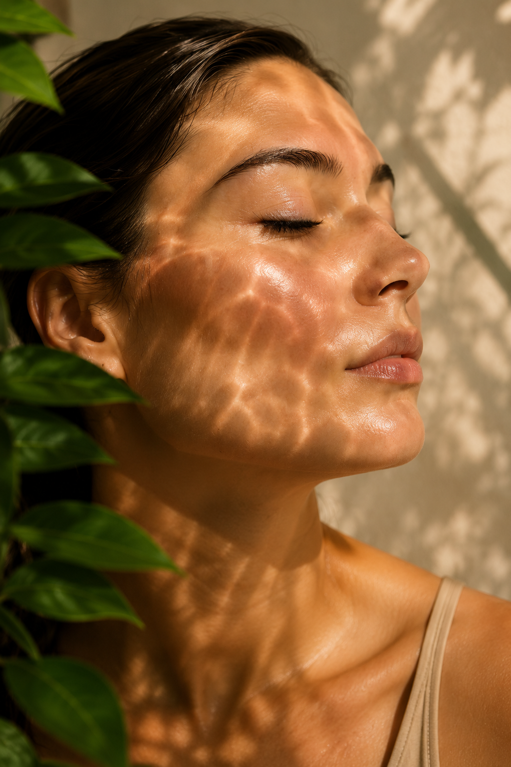 Pele iluminada com folhas e luz natural